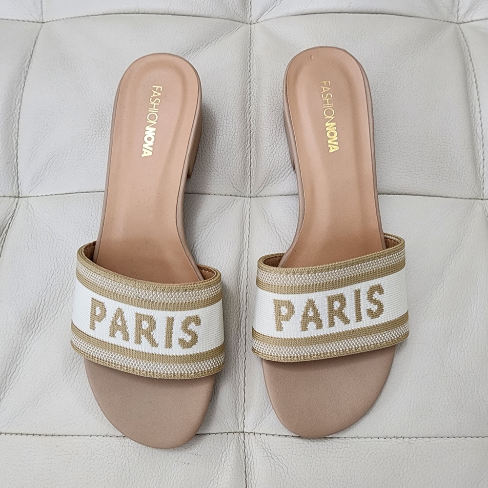 New Beige and White Slide Sandals